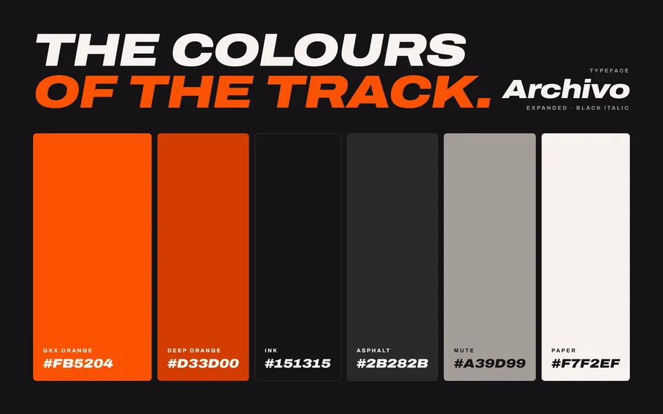 The Go-Karting Xtreme colour palette: GKX orange, deep orange, ink, asphalt, mute and paper, set beside the Archivo typeface