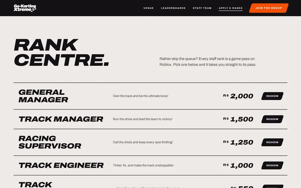 The Go-Karting Xtreme rank centre, listing every staff rank with its price in Robux
