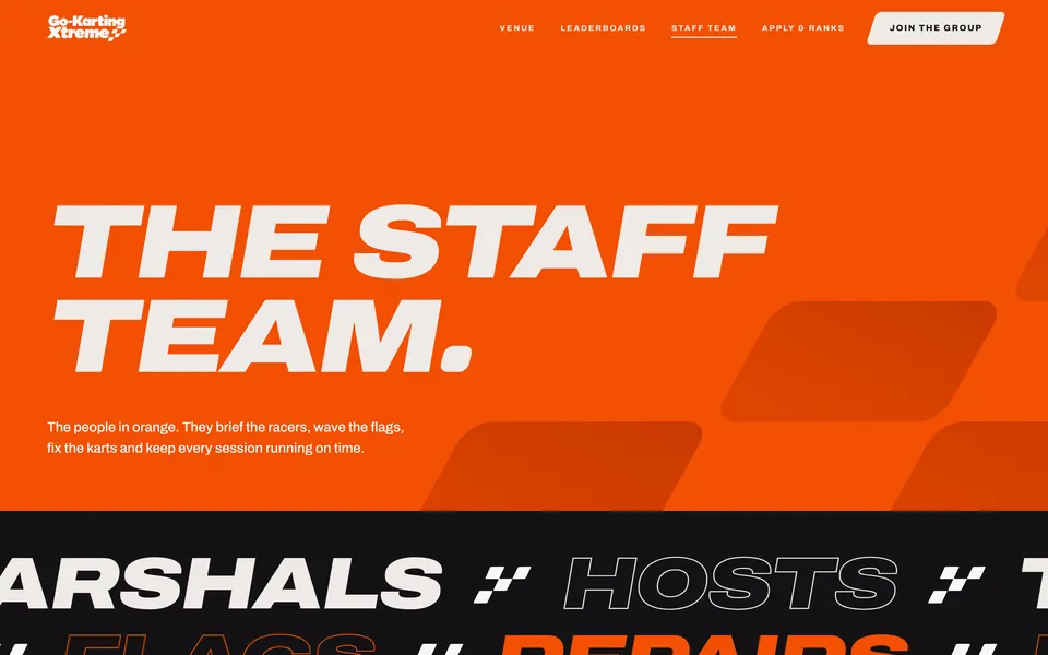 The top of the Go-Karting Xtreme staff page: 'The staff team.' on orange, above a marquee of marshals, hosts, flags and repairs
