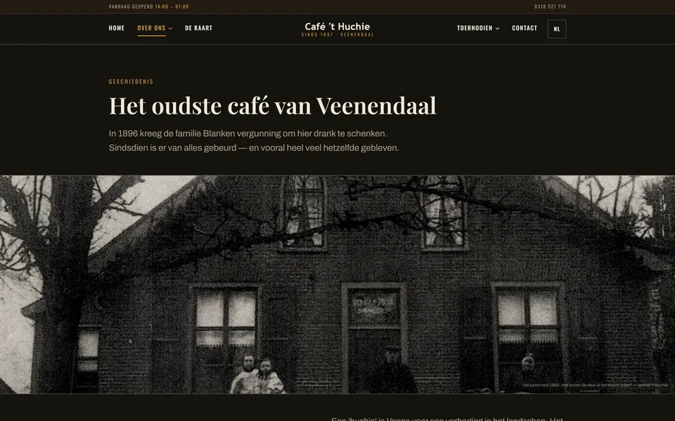 The history page of Café 't Huchie, telling the story of the café since 1897