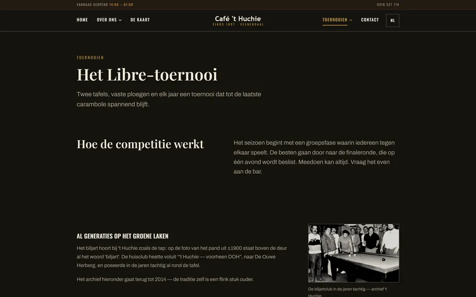 The tournaments page of Café 't Huchie, listing the yearly Libre billiards competition